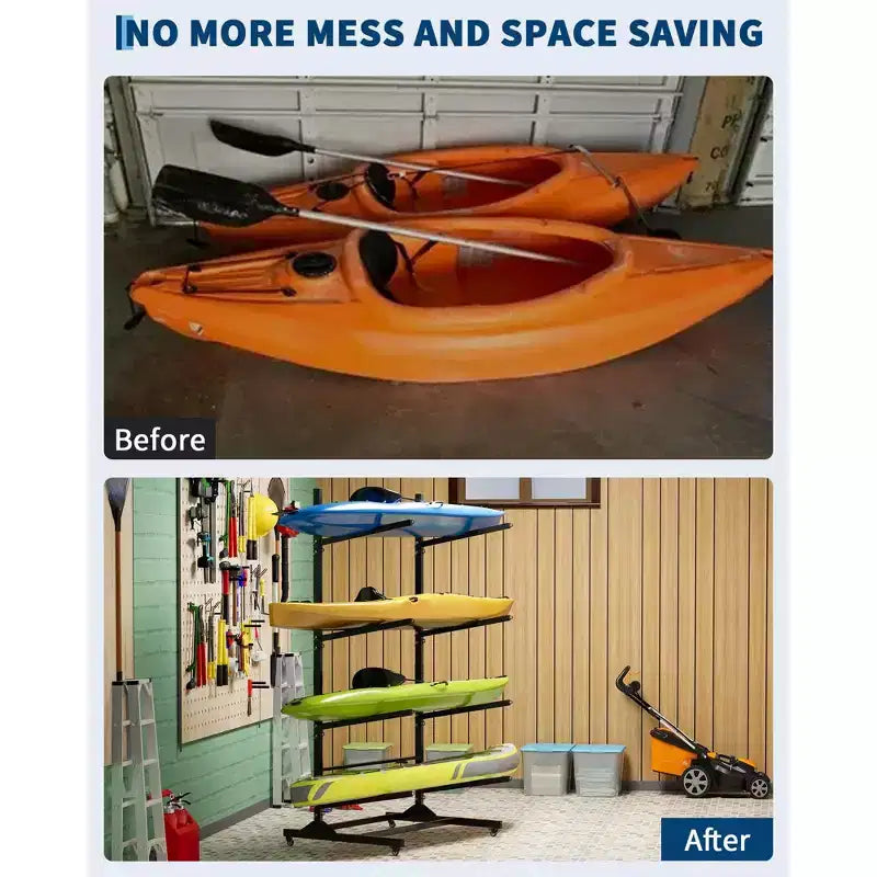 Support de rangement autoportant pour 2 kayaks, noir, robuste et réglable, avec roues verrouillables pour kayak/canoë/paddleboard (utilisation intérieure/extérieure, 1 paquet)