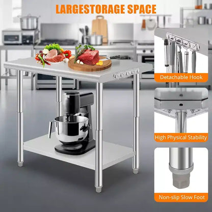 36*24*35in Commercial Kitchen Prep Work Table with Adjustable Under Shelf, Stainless Steel Utility Table for Restaurant Garage Hotel, Rounded Edge