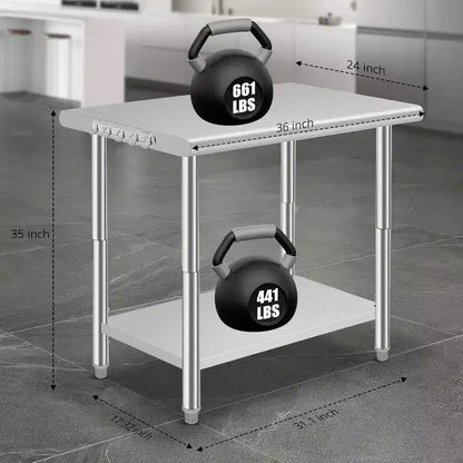 Table de travail de préparation de cuisine commerciale 36*24*35 pouces avec étagère inférieure réglable, table de service en acier inoxydable pour restaurant, garage, hôtel, bord arrondi