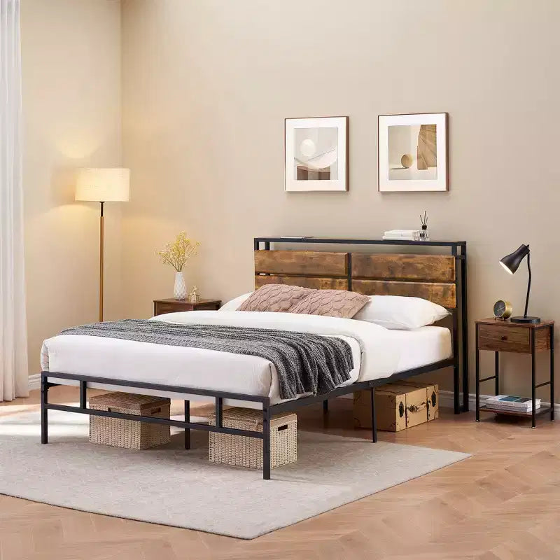 Bed Frame, Metal Bed Frame, Rustic Vintage Wood Headboard, Strong Support Legs, No Box Spring Needed, Noise-Free