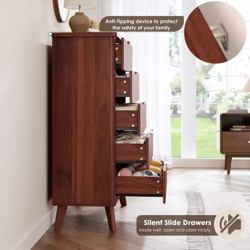 Commode à cinq tiroirs encastrés, avec un design aux contours incurvés, convenant aux salons, chambres d'enfants et couloirs.