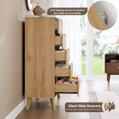 Commode à cinq tiroirs encastrés, avec un design aux contours incurvés, convenant aux salons, chambres d'enfants et couloirs.