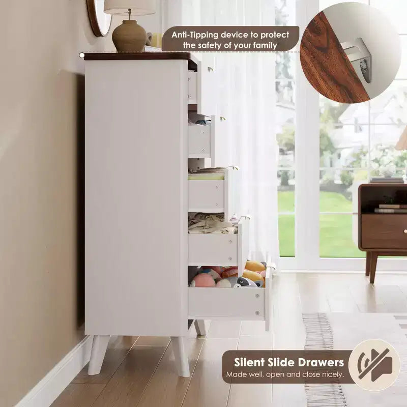 Commode à cinq tiroirs encastrés, avec un design aux contours incurvés, convenant aux salons, chambres d'enfants et couloirs.