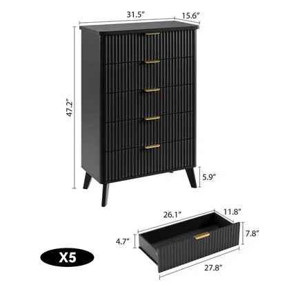 Commode à cinq tiroirs encastrés, avec un design aux contours incurvés, convenant aux salons, chambres d'enfants et couloirs.