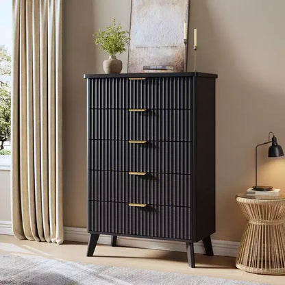 Five-drawer chest with recessed drawers, featuring a curved contour design, suitable for living rooms, children's rooms, and hallways.