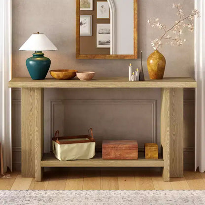 Console étroite en bois avec rangement, table d'entrée minimaliste avec pieds en T pour couloir et entrée