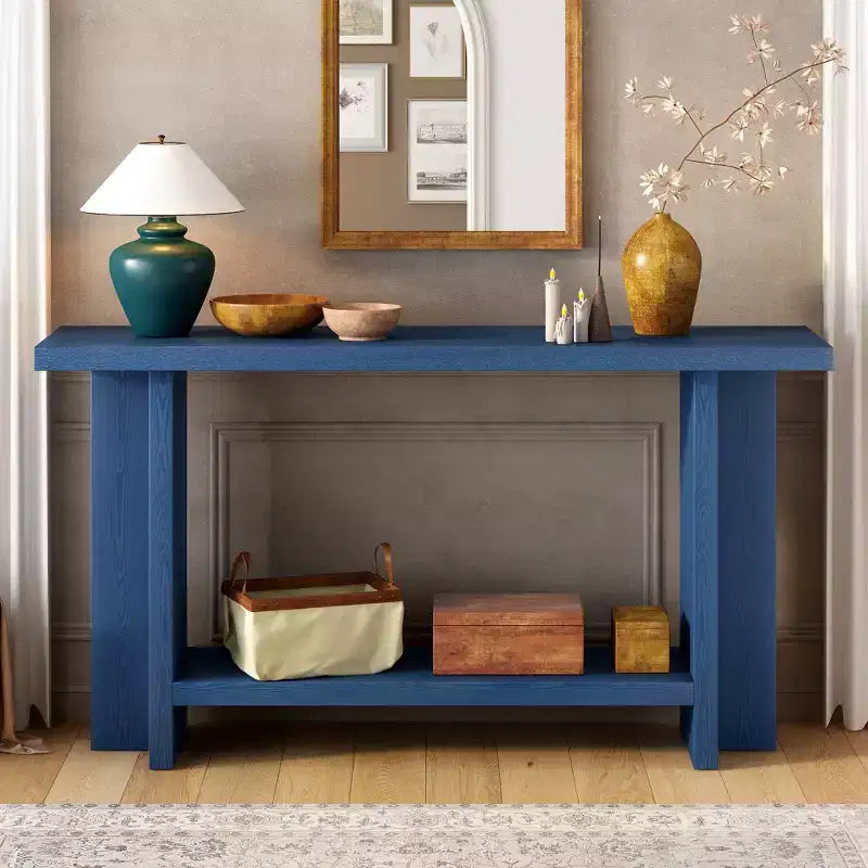 Console étroite en bois avec rangement, table d'entrée minimaliste avec pieds en T pour couloir et entrée