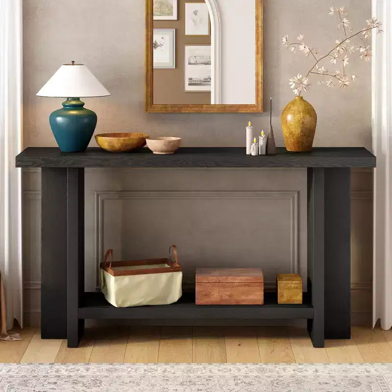 Console étroite en bois avec rangement, table d'entrée minimaliste avec pieds en T pour couloir et entrée