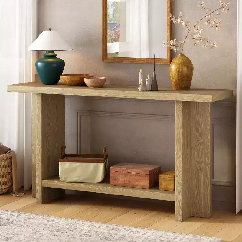Console étroite en bois avec rangement, table d'entrée minimaliste avec pieds en T pour couloir et entrée