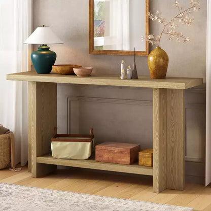 Console étroite en bois avec rangement, table d'entrée minimaliste avec pieds en T pour couloir et entrée