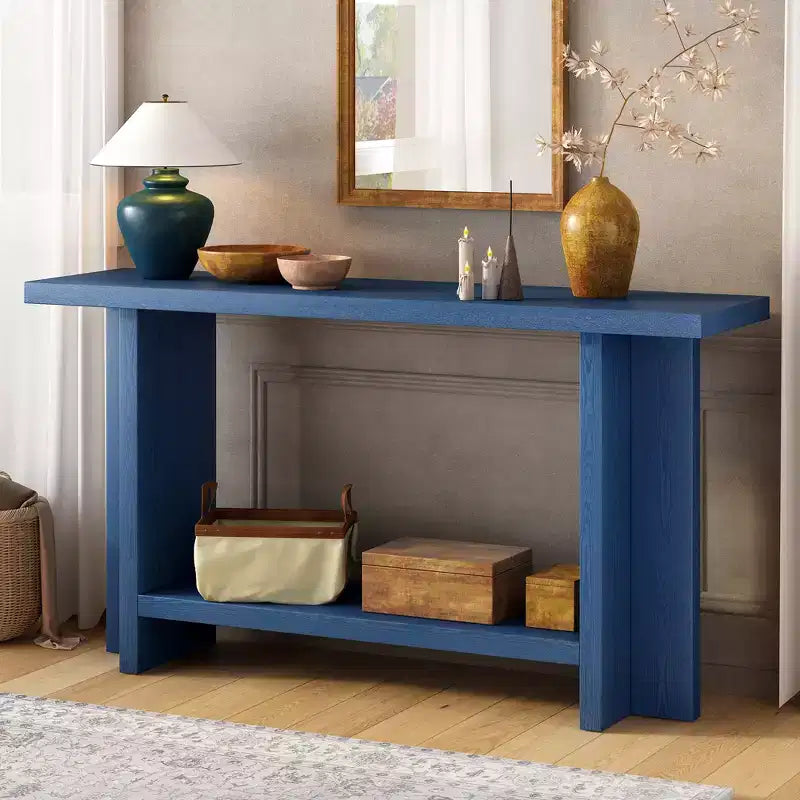 Console étroite en bois avec rangement, table d'entrée minimaliste avec pieds en T pour couloir et entrée