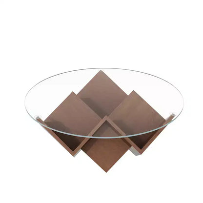 Table basse ronde en verre, table basse de salon, table d'appoint pour canapé, avec base artistique géométrique abstraite et étagère de rangement, noyer - ModernLuxe