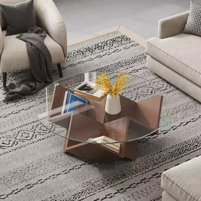 Table basse ronde en verre, table basse de salon, table d'appoint pour canapé, avec base artistique géométrique abstraite et étagère de rangement, noyer - ModernLuxe
