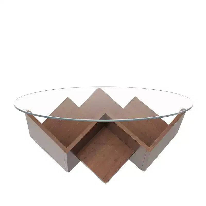 Table basse ronde en verre, table basse de salon, table d'appoint pour canapé, avec base artistique géométrique abstraite et étagère de rangement, noyer - ModernLuxe