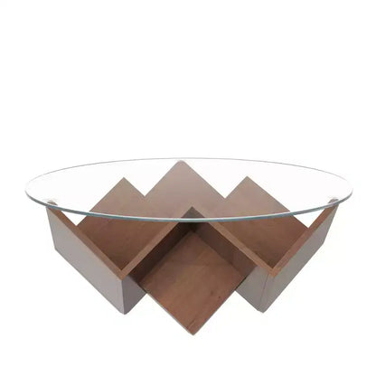 Table basse ronde en verre, table basse de salon, table d'appoint pour canapé, avec base artistique géométrique abstraite et étagère de rangement, noyer - ModernLuxe