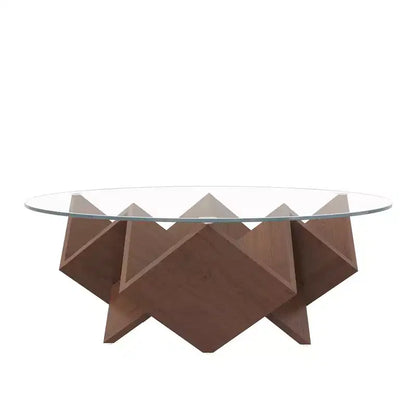 Table basse ronde en verre, table basse de salon, table d'appoint pour canapé, avec base artistique géométrique abstraite et étagère de rangement, noyer - ModernLuxe