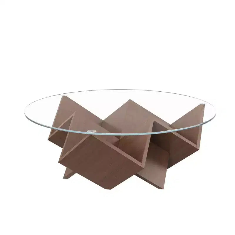 Table basse ronde en verre, table basse de salon, table d'appoint pour canapé, avec base artistique géométrique abstraite et étagère de rangement, noyer - ModernLuxe