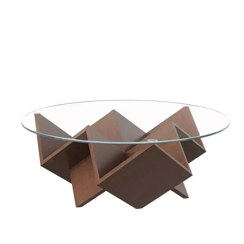 Table basse ronde en verre, table basse de salon, table d'appoint pour canapé, avec base artistique géométrique abstraite et étagère de rangement, noyer - ModernLuxe