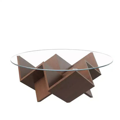 Table basse ronde en verre, table basse de salon, table d'appoint pour canapé, avec base artistique géométrique abstraite et étagère de rangement, noyer - ModernLuxe