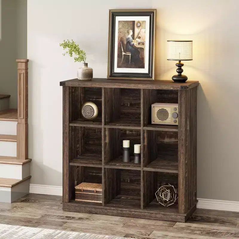 9 Cube Storage Organizer Bookshelf, 4 Tier Farmhouse Horizontal Bookcase, 37.4 Inch Wood Storage Bookcase for Entryway, Long Low Bookshelves for Room