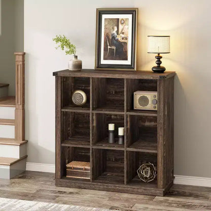 9 Cube Storage Organizer Bookshelf, 4 Tier Farmhouse Horizontal Bookcase, 37.4 Inch Wood Storage Bookcase for Entryway, Long Low Bookshelves for Room