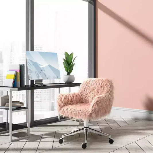 Vinsetto Fauteuil de bureau en fausse fourrure, chaise de vanité pivotante avec hauteur réglable et roulettes pour bureau, chambre à coucher, rose