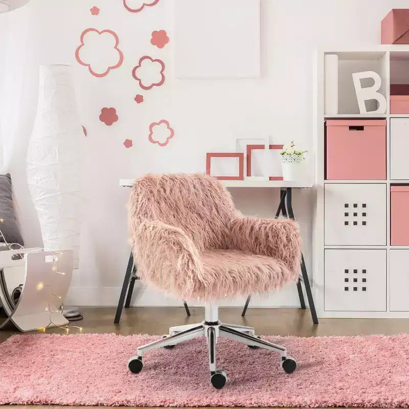 Vinsetto Fauteuil de bureau en fausse fourrure, chaise de vanité pivotante avec hauteur réglable et roulettes pour bureau, chambre à coucher, rose