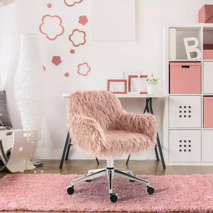 Vinsetto Fauteuil de bureau en fausse fourrure, chaise de vanité pivotante avec hauteur réglable et roulettes pour bureau, chambre à coucher, rose