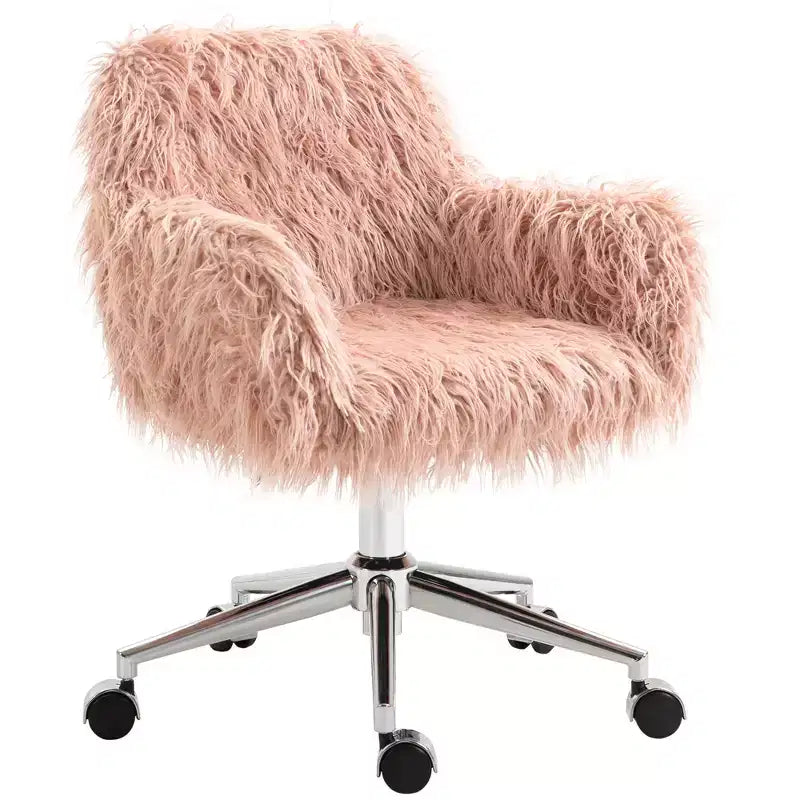 Vinsetto Fauteuil de bureau en fausse fourrure, chaise de vanité pivotante avec hauteur réglable et roulettes pour bureau, chambre à coucher, rose