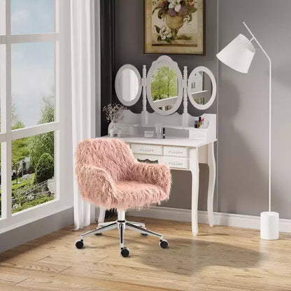 Vinsetto Fauteuil de bureau en fausse fourrure, chaise de vanité pivotante avec hauteur réglable et roulettes pour bureau, chambre à coucher, rose