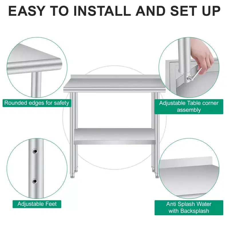 Table de préparation et de travail en acier inoxydable COZONY avec dosseret, table commerciale robuste avec étagère inférieure réglable pour cuisine, restaurant, entreprise