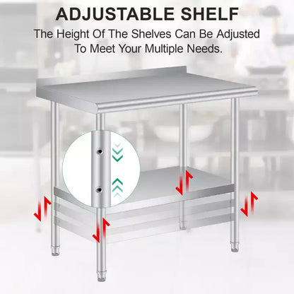 Table de préparation et de travail en acier inoxydable COZONY avec dosseret, table commerciale robuste avec étagère inférieure réglable pour cuisine, restaurant, entreprise