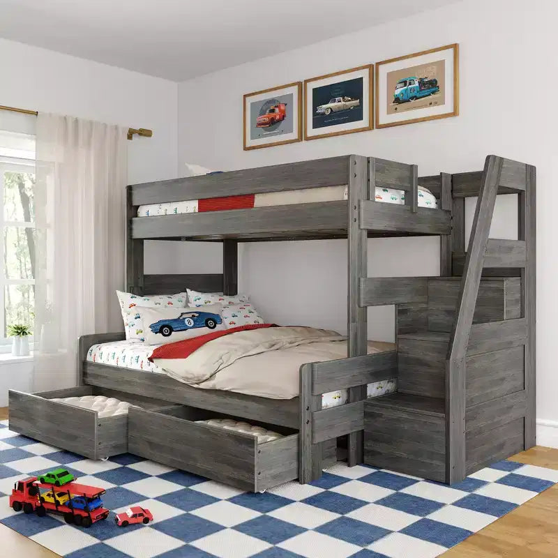 Modern Farmhouse Twin Over Full Bunk Bed With Staircase and Storage Drawers