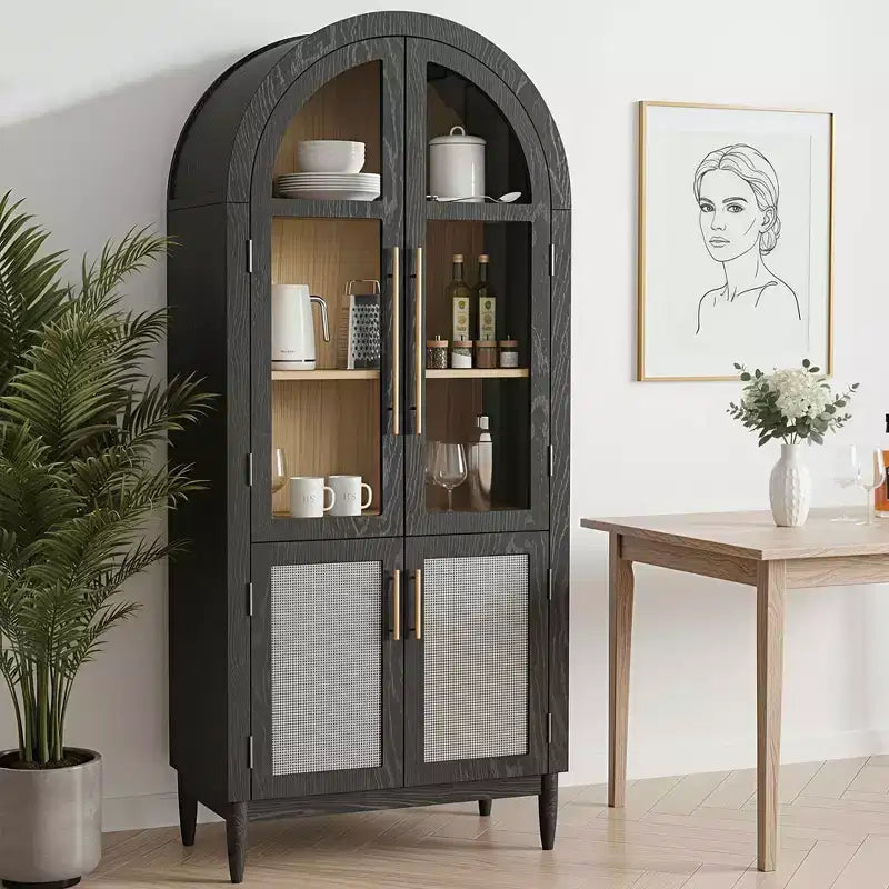 MAYEERTY 71 Armoire de Rangement Haute Cintrée Portes Vitrées Pieds en Bois Massif Noir