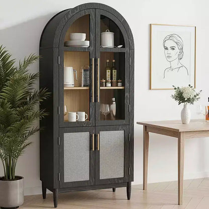 MAYEERTY 71 Armoire de Rangement Haute Cintrée Portes Vitrées Pieds en Bois Massif Noir