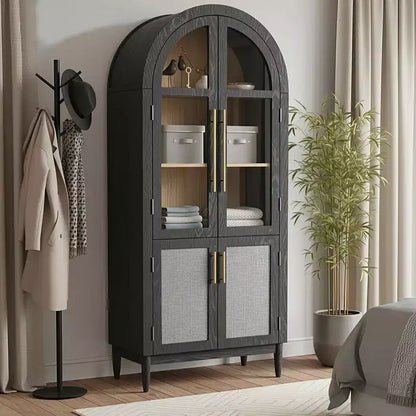 MAYEERTY 71 Armoire de Rangement Haute Cintrée Portes Vitrées Pieds en Bois Massif Noir