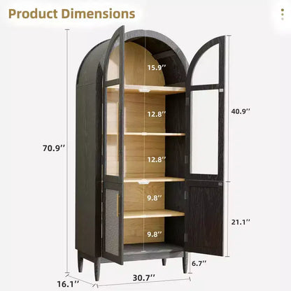 MAYEERTY 71 Armoire de Rangement Haute Cintrée Portes Vitrées Pieds en Bois Massif Noir