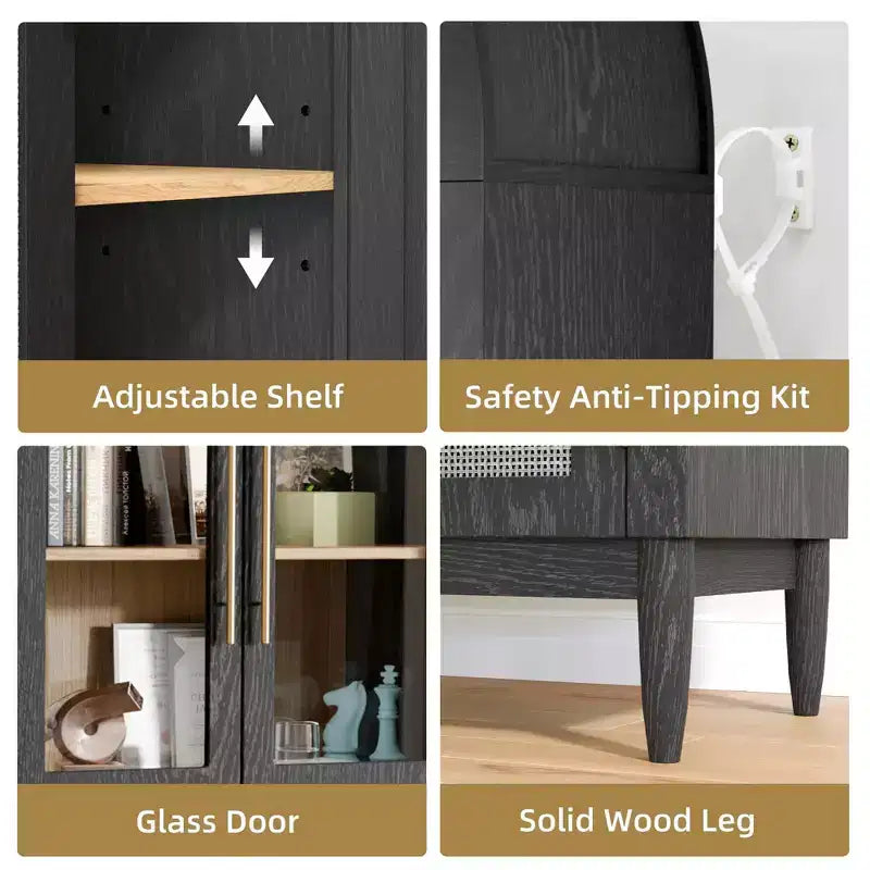 MAYEERTY 71 Armoire de Rangement Haute Cintrée Portes Vitrées Pieds en Bois Massif Noir