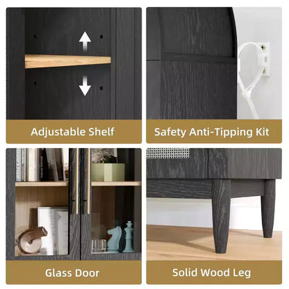 MAYEERTY 71 Armoire de Rangement Haute Cintrée Portes Vitrées Pieds en Bois Massif Noir