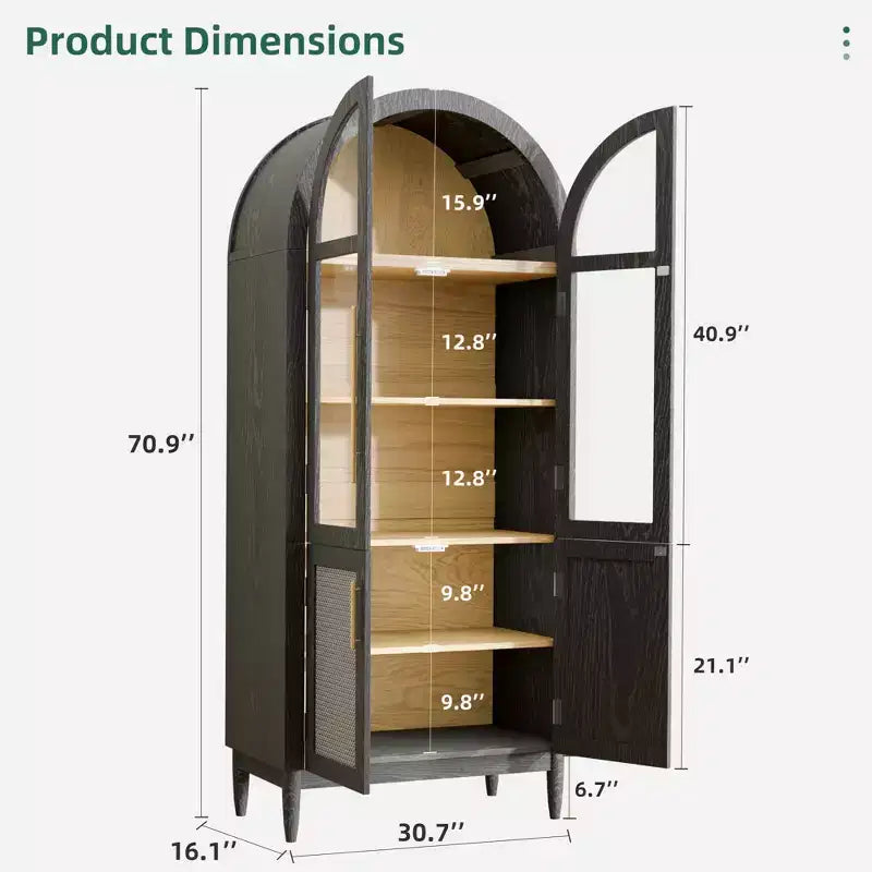 MAYEERTY 71 Armoire de Rangement Haute Cintrée Portes Vitrées Pieds en Bois Massif Noir