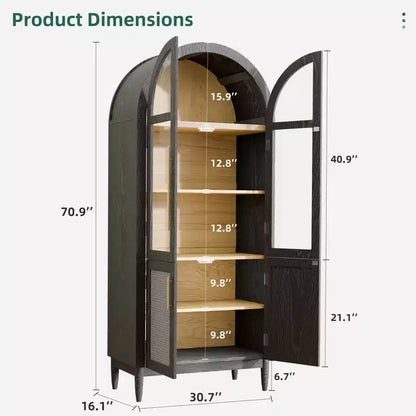 MAYEERTY 71 Armoire de Rangement Haute Cintrée Portes Vitrées Pieds en Bois Massif Noir