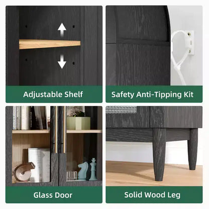 MAYEERTY 71 Armoire de Rangement Haute Cintrée Portes Vitrées Pieds en Bois Massif Noir