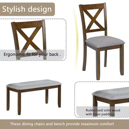 Homy Casa Ensemble de salle à manger 6 pièces en bois avec 4 chaises rembourrées et un banc, Meubles de cuisine et de salle à manger, Gris