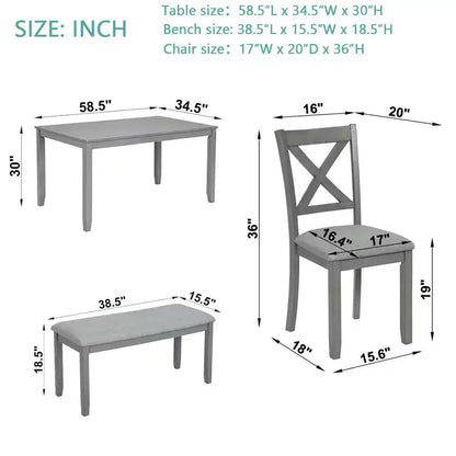 Homy Casa Ensemble de salle à manger 6 pièces en bois avec 4 chaises rembourrées et un banc, Meubles de cuisine et de salle à manger, Gris