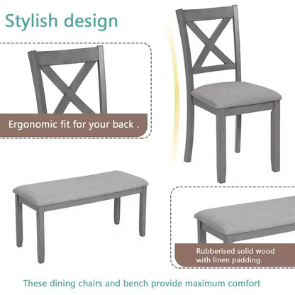 Homy Casa Ensemble de salle à manger 6 pièces en bois avec 4 chaises rembourrées et un banc, Meubles de cuisine et de salle à manger, Gris