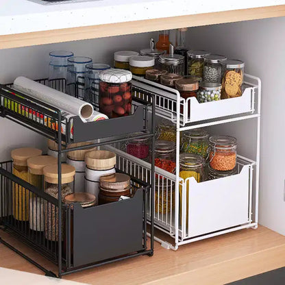 Organisateur de placard coulissant à 2 niveaux blanc, étagères de garde-manger coulissantes robustes avec film adhésif, panier pour cuisine, salle de bain, maison