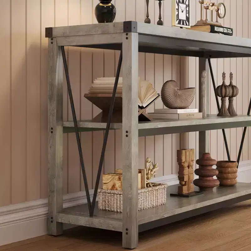 Console de Ferme avec Rangement, Table de Canapé Étroite de 120 cm et Table d'Entrée pour Salon, Meuble d'Appoint de Couloir en Bois à 3 Niveaux