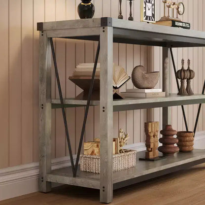 Console de Ferme avec Rangement, Table de Canapé Étroite de 120 cm et Table d'Entrée pour Salon, Meuble d'Appoint de Couloir en Bois à 3 Niveaux