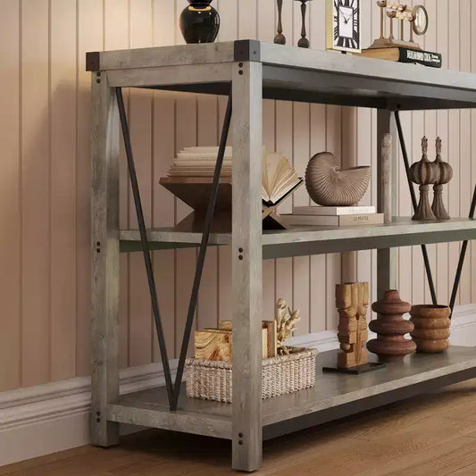 Console de Ferme avec Rangement, Table de Canapé Étroite de 120 cm et Table d'Entrée pour Salon, Meuble d'Appoint de Couloir en Bois à 3 Niveaux