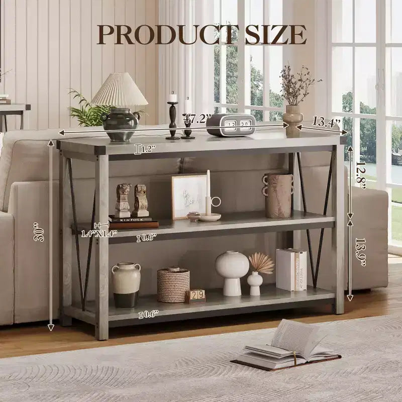 Console de Ferme avec Rangement, Table de Canapé Étroite de 120 cm et Table d'Entrée pour Salon, Meuble d'Appoint de Couloir en Bois à 3 Niveaux